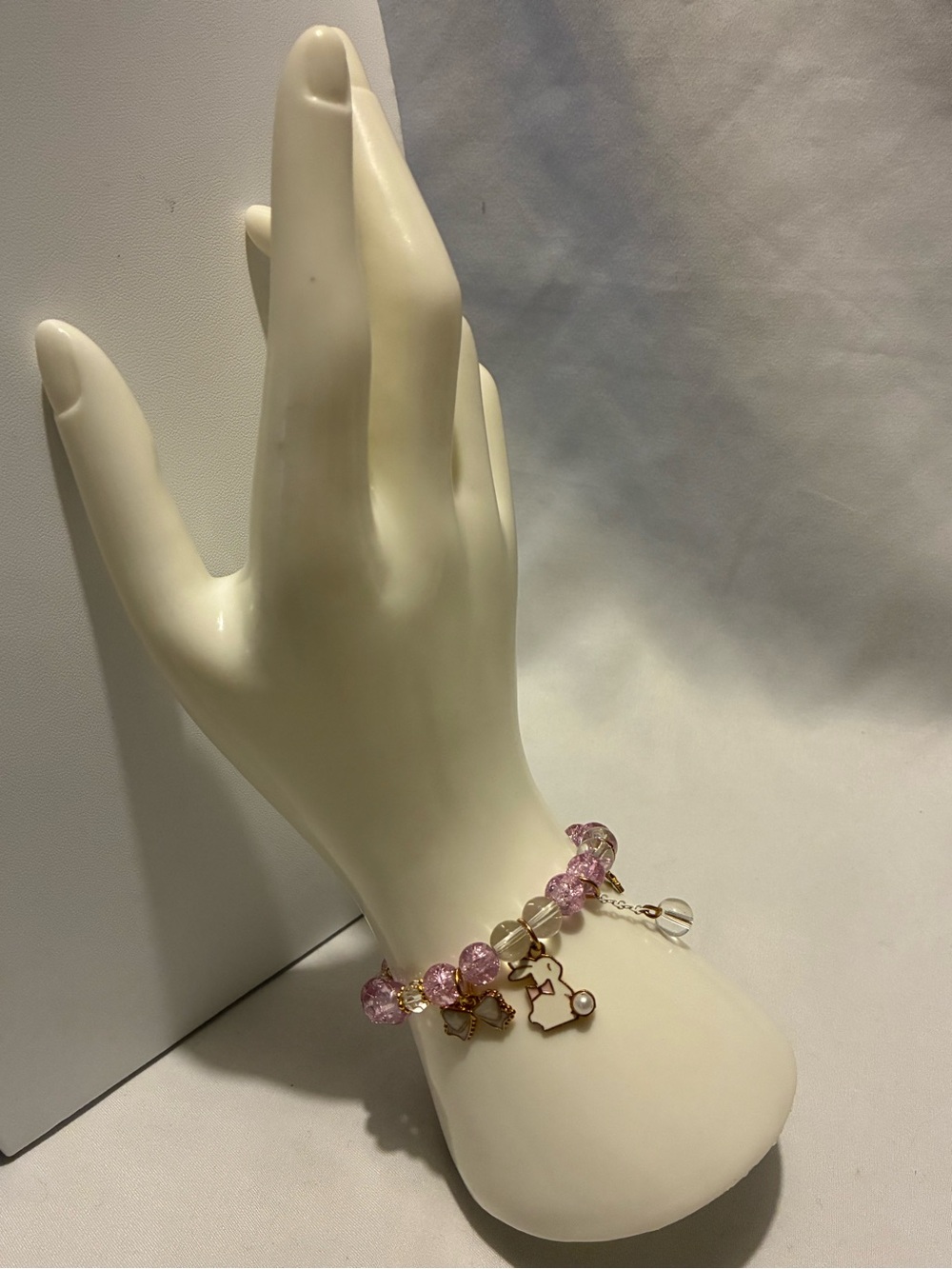 Pink Beaded Bunny Charm Bracelet with Pearl Accent New Without Tags